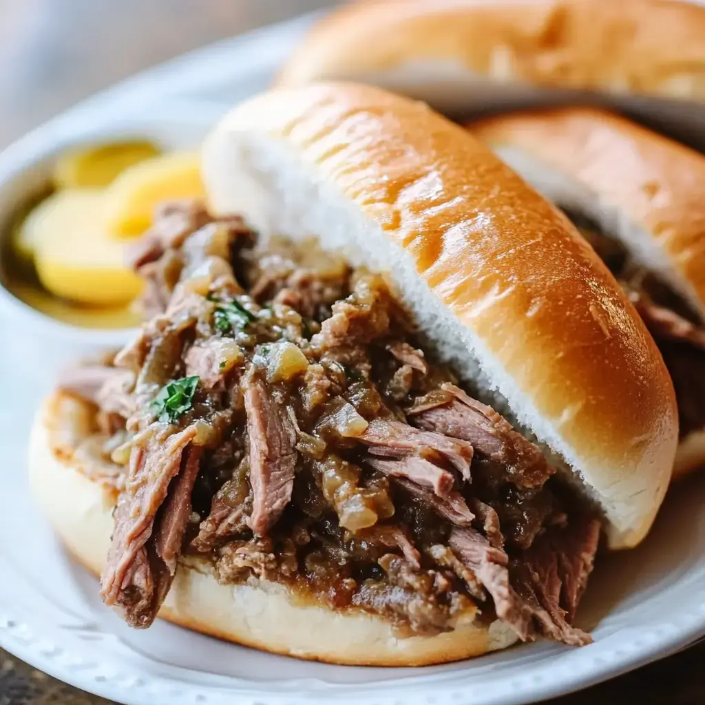 A close-up of a sandwich filled with shredded beef and gravy, served with pickles on the side.