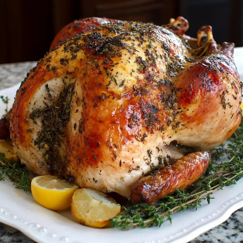 A beautifully roasted turkey garnished with herbs and slices of lemon on a serving platter.