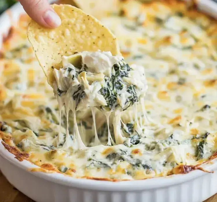 A hand is lifting a chip from a creamy spinach and artichoke dip, with melted cheese stretching from the dip.