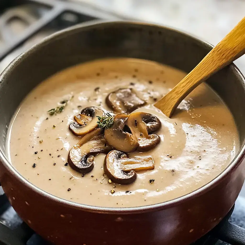 A rich, creamy mushroom soup with sliced mushrooms and fresh thyme is simmering in a pot, accompanied by a wooden spoon.