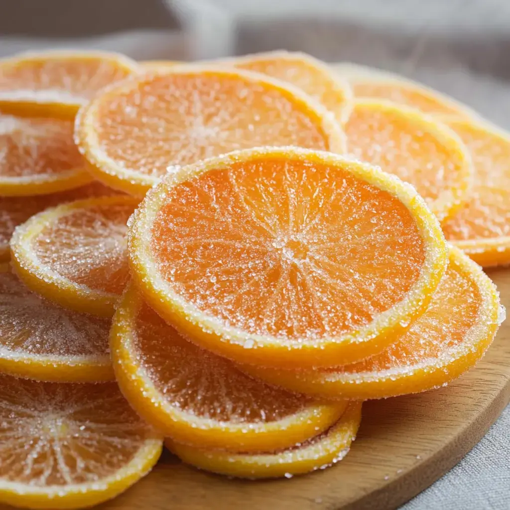 A close-up of several sugar-coated orange slices arranged on a wooden platter.