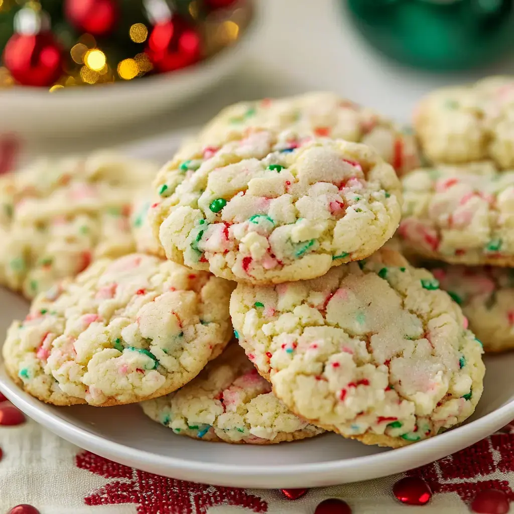 A plate of festive cookies with red and green sprinkles is displayed, set against a holiday-themed background.