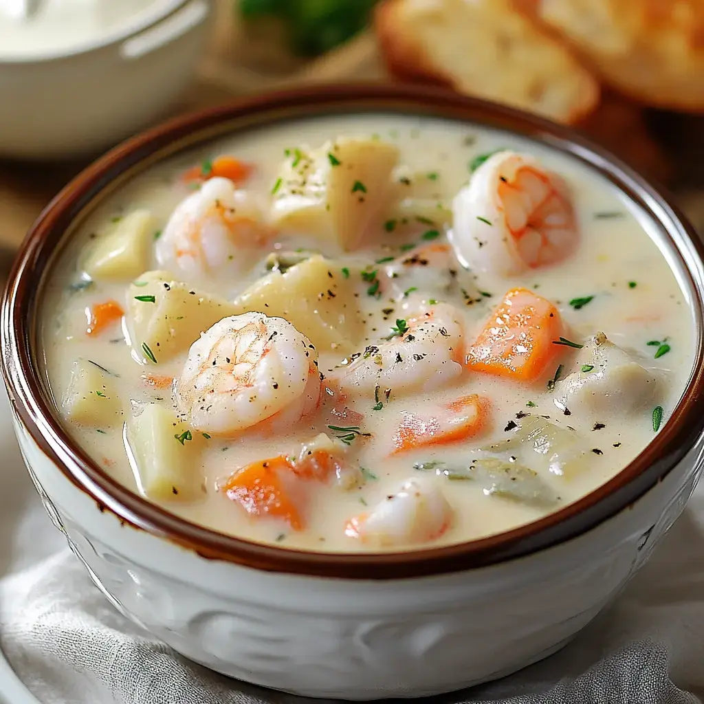 A creamy seafood chowder with shrimp, potatoes, carrots, and herbs served in a bowl.