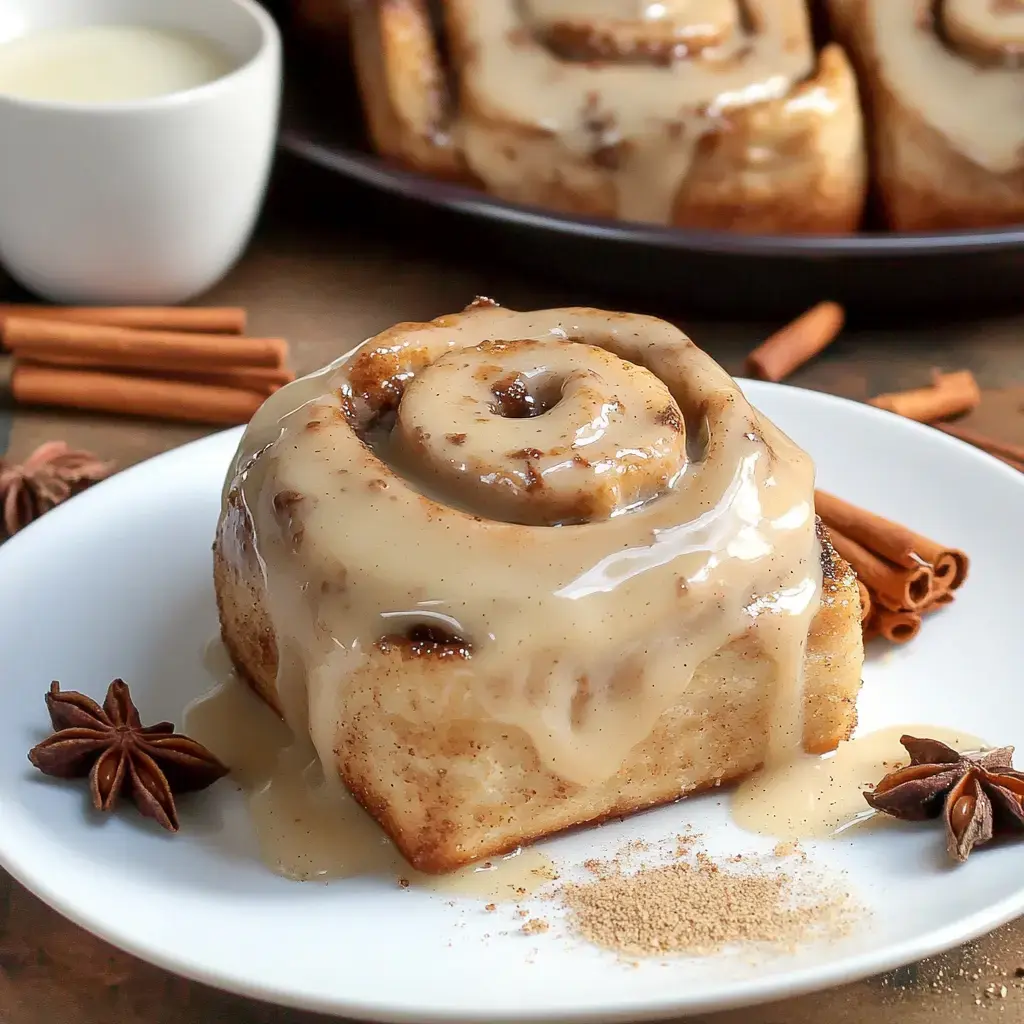 A close-up of a cinnamon roll drizzled with glaze, garnished with cinnamon sticks and star anise, alongside a small cup of cream.