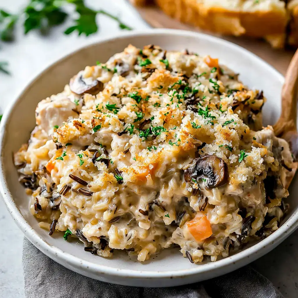 A creamy casserole with wild rice, chicken, and vegetables, topped with crispy breadcrumbs and parsley, served in a white bowl.