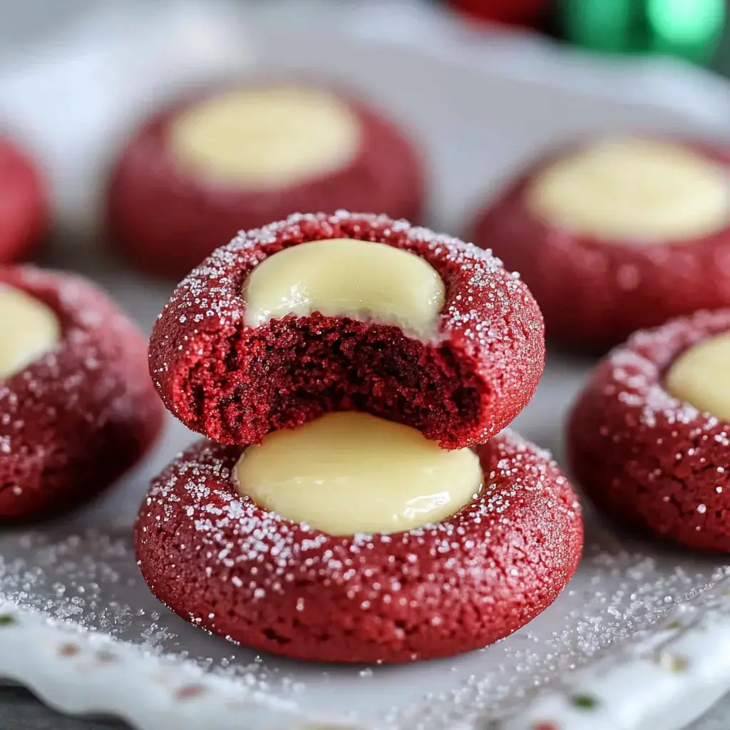 A close-up of red velvet cookies with a creamy filling, one cookie is shown with a bite taken out, revealing its soft interior.