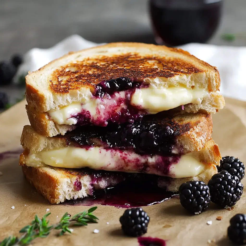 A stacked grilled cheese sandwich filled with melted cheese and blackberry jam, garnished with fresh blackberries and herbs.