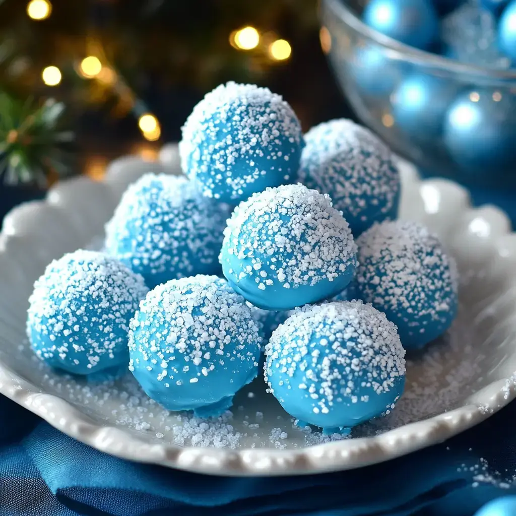 A plate of blue dessert balls decorated with white sugar sprinkles, resembling snow, is set against a blurred background with festive lights.