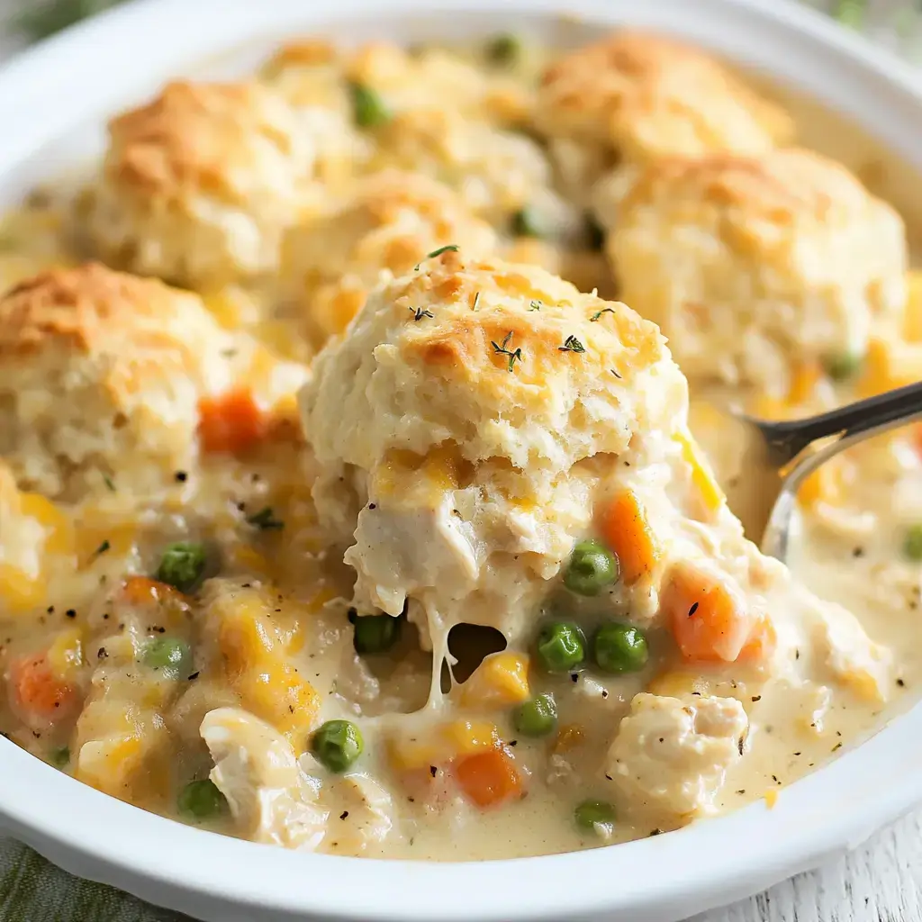 A spoonful of creamy chicken and vegetable casserole topped with golden, flaky biscuits.