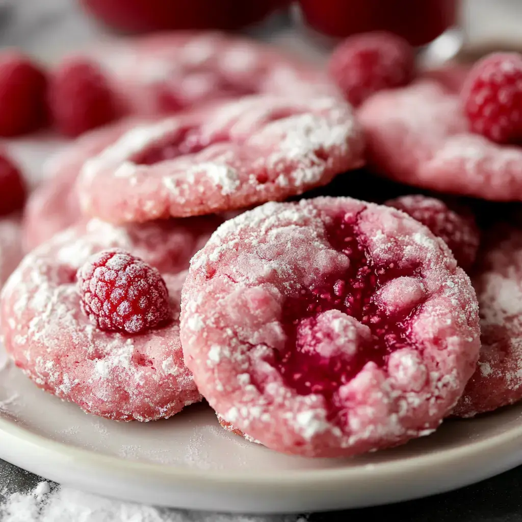 A close-up of pink raspberry cookies dusted with powdered sugar, garnished with fresh raspberries, arranged on a white plate.