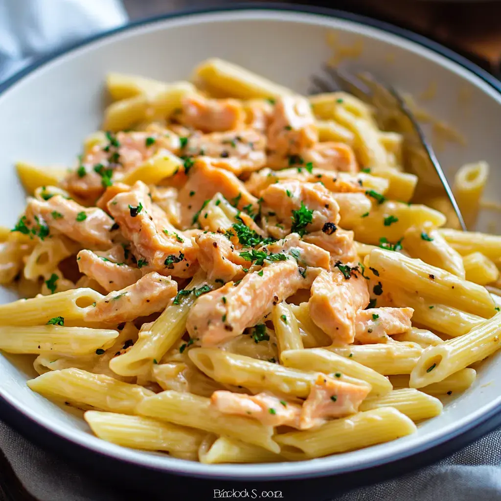 A bowl of creamy penne pasta topped with pieces of salmon and garnished with parsley.