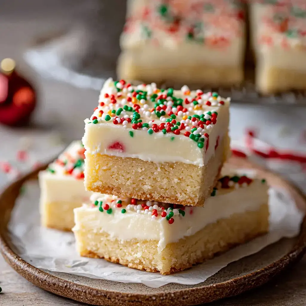 A close-up of festive dessert squares topped with white frosting and colorful sprinkles on a wooden plate.