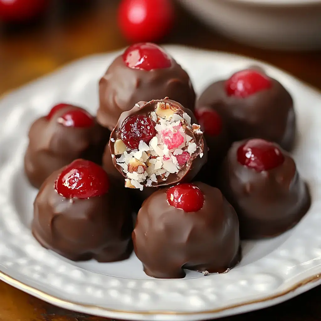 A plate of chocolate-covered candies, featuring a cherry on top, with one candy cut in half to reveal a filling of nuts and fruit pieces.