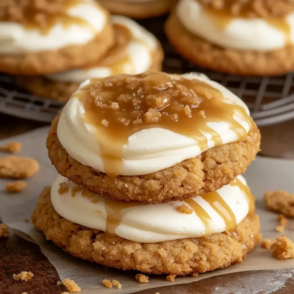 A stacked duo of soft cookies topped with cream and drizzled with caramel, surrounded by cookie crumbs.