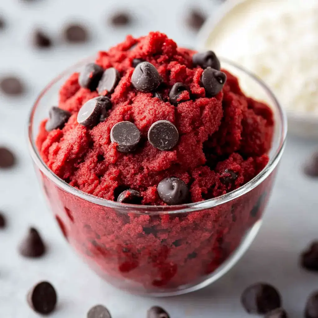 A bowl of red dessert topped with chocolate chips, surrounded by scattered chocolate chips on a surface.