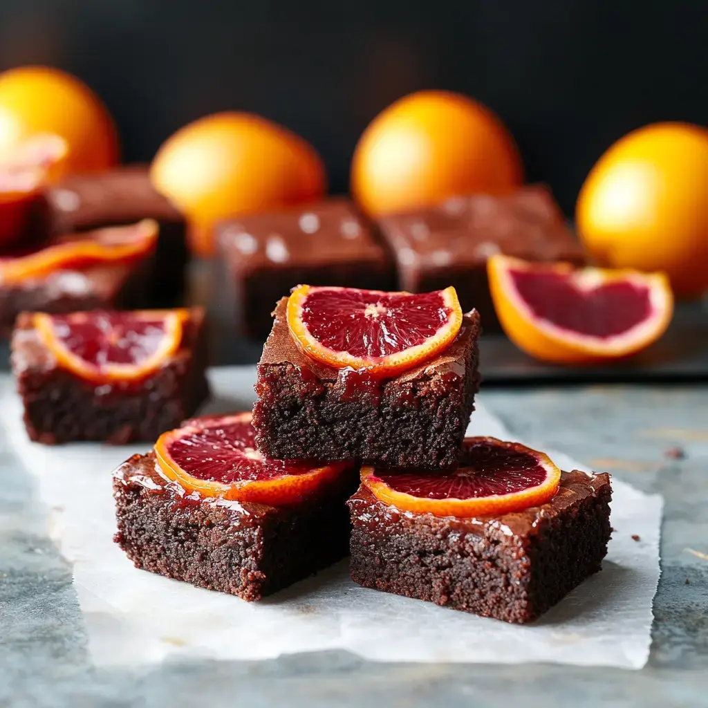 A close-up of fudgy brownies topped with blood orange slices, with whole oranges in the background.