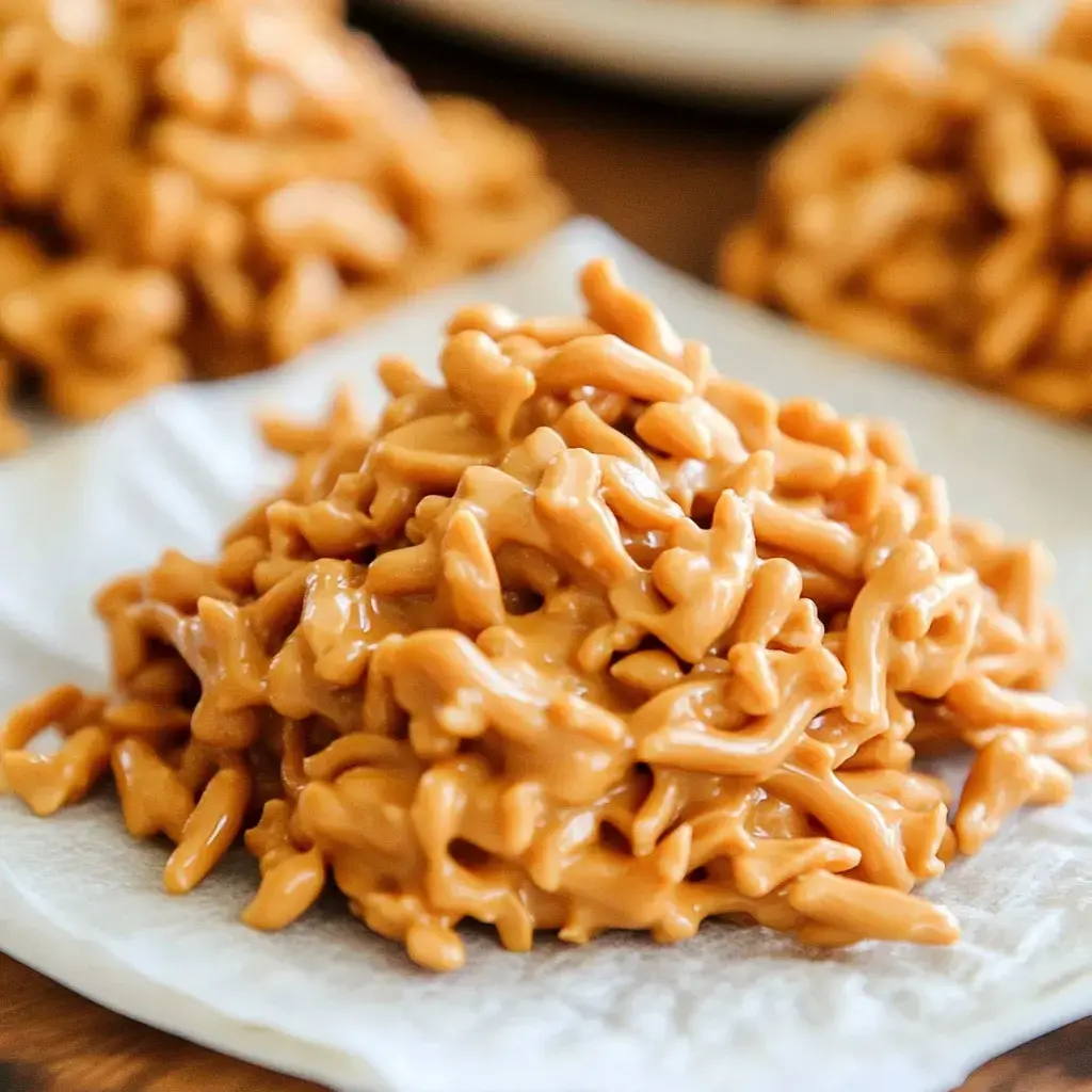 A small pile of caramel-like candy is resting on a paper towel, with more similar piles blurred in the background.