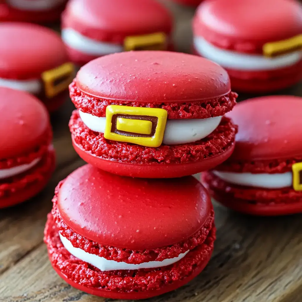 A stack of festive red macarons decorated with white filling and yellow belt buckles, resembling Santa Claus.