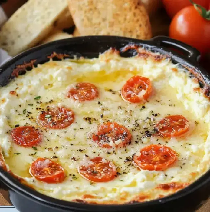 A baked dish featuring creamy cheese topped with roasted cherry tomatoes, served alongside slices of bread.