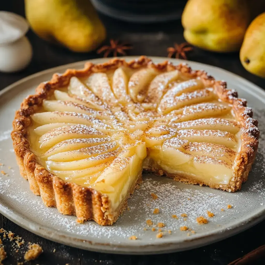 A slice of pear tart with a golden crust and glazed pear slices on top, dusted with powdered sugar, sits on a plate surrounded by whole pears and star anise.