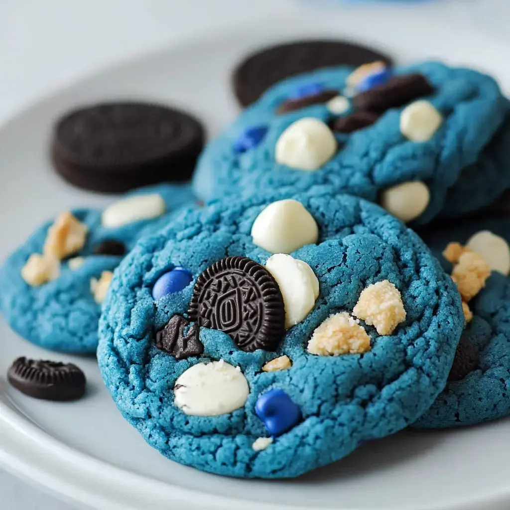 A plate of vibrant blue cookies topped with white chocolate chips, Oreo pieces, and blue candy, accompanied by additional Oreos in the background.