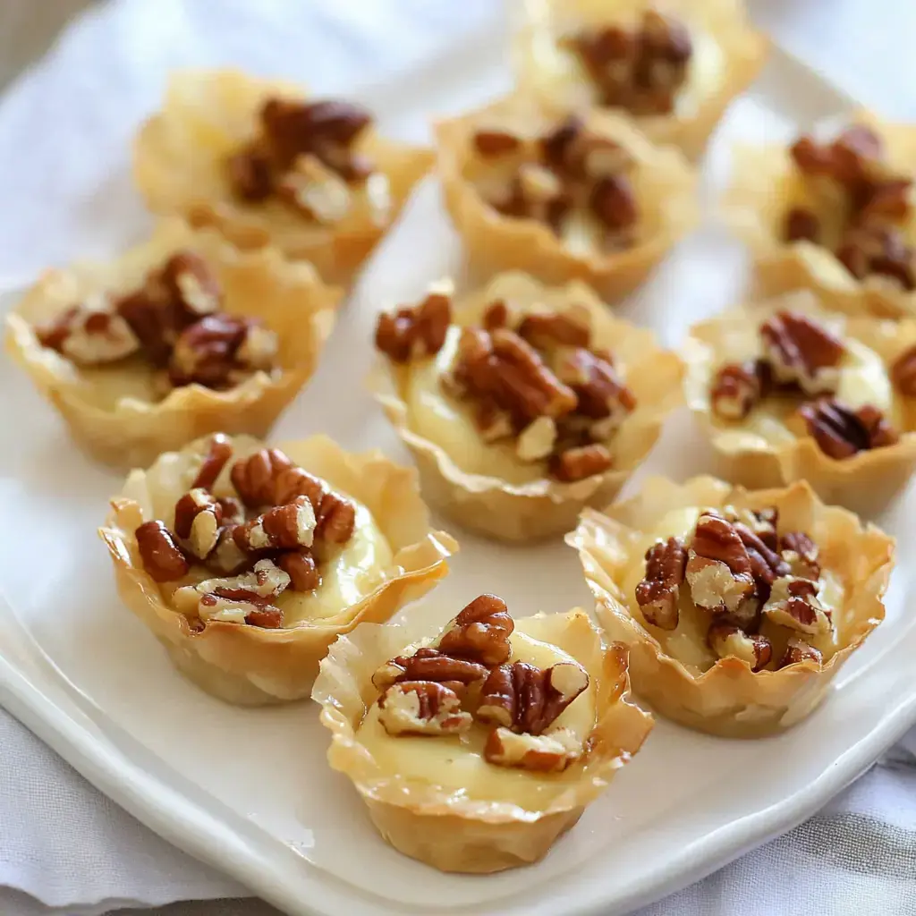 A plate of mini phyllo cups filled with creamy filling and topped with chopped pecans.