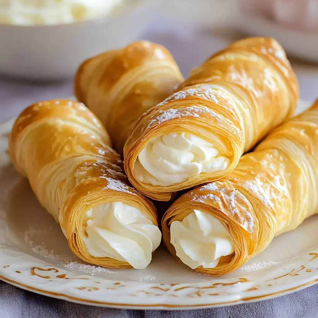 Three cream-filled pastry tubes dusted with powdered sugar on a decorative plate.