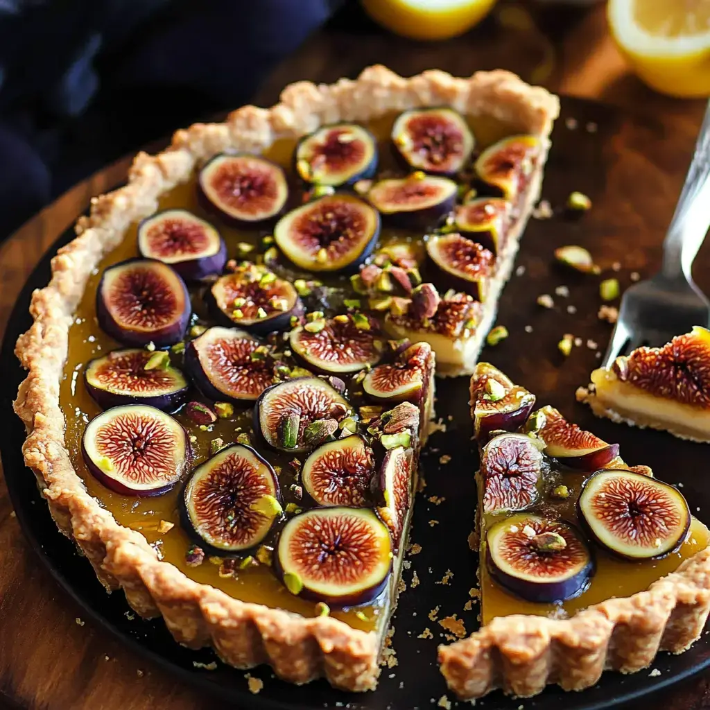 A sliced fig tart with a golden filling, topped with fresh figs and chopped pistachios, is displayed on a dark plate.