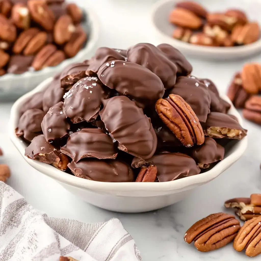 A bowl filled with chocolate-covered pecans, some of which are broken, surrounded by additional pecans scattered on a marble surface.