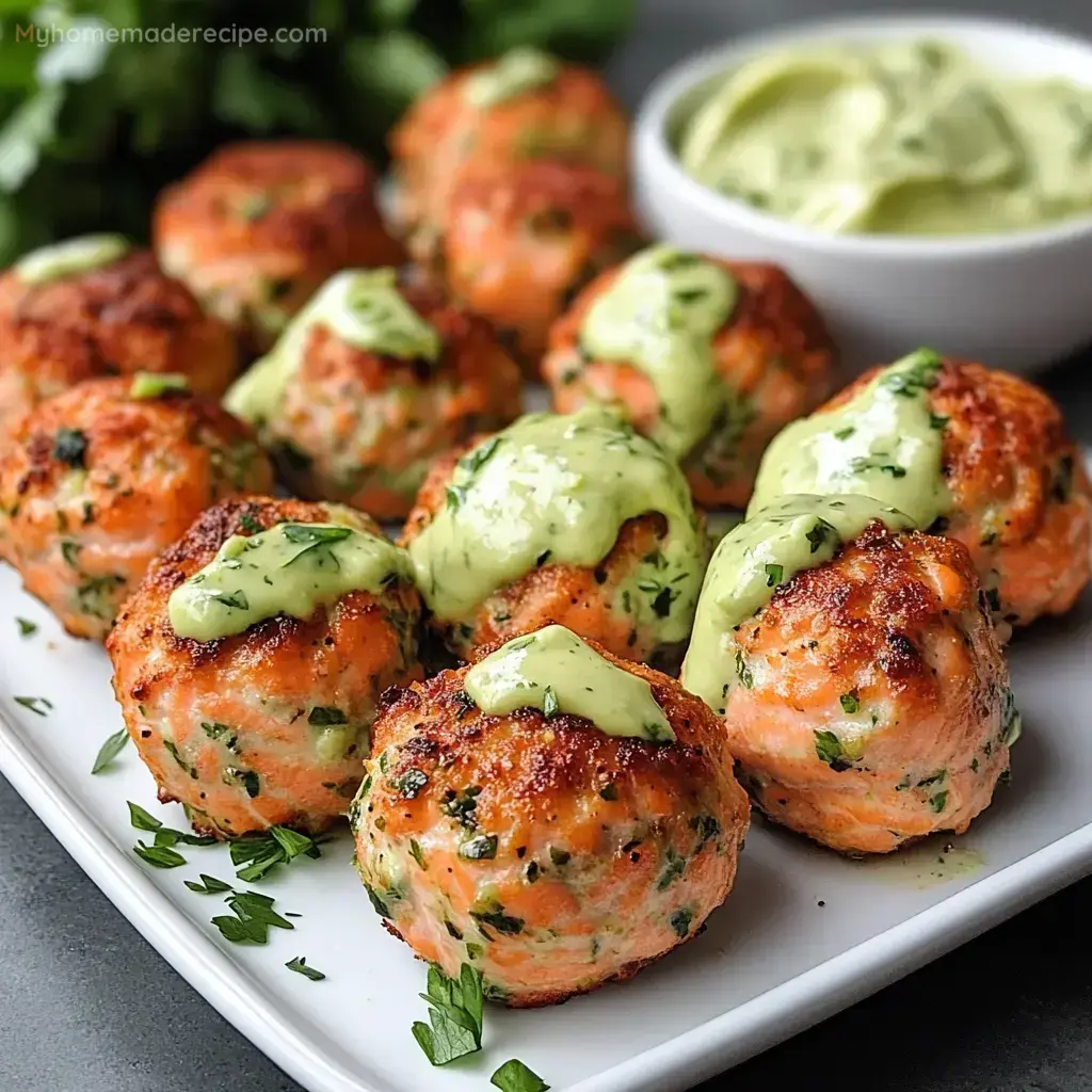 Baked Salmon Meatballs with Avocado Sauce