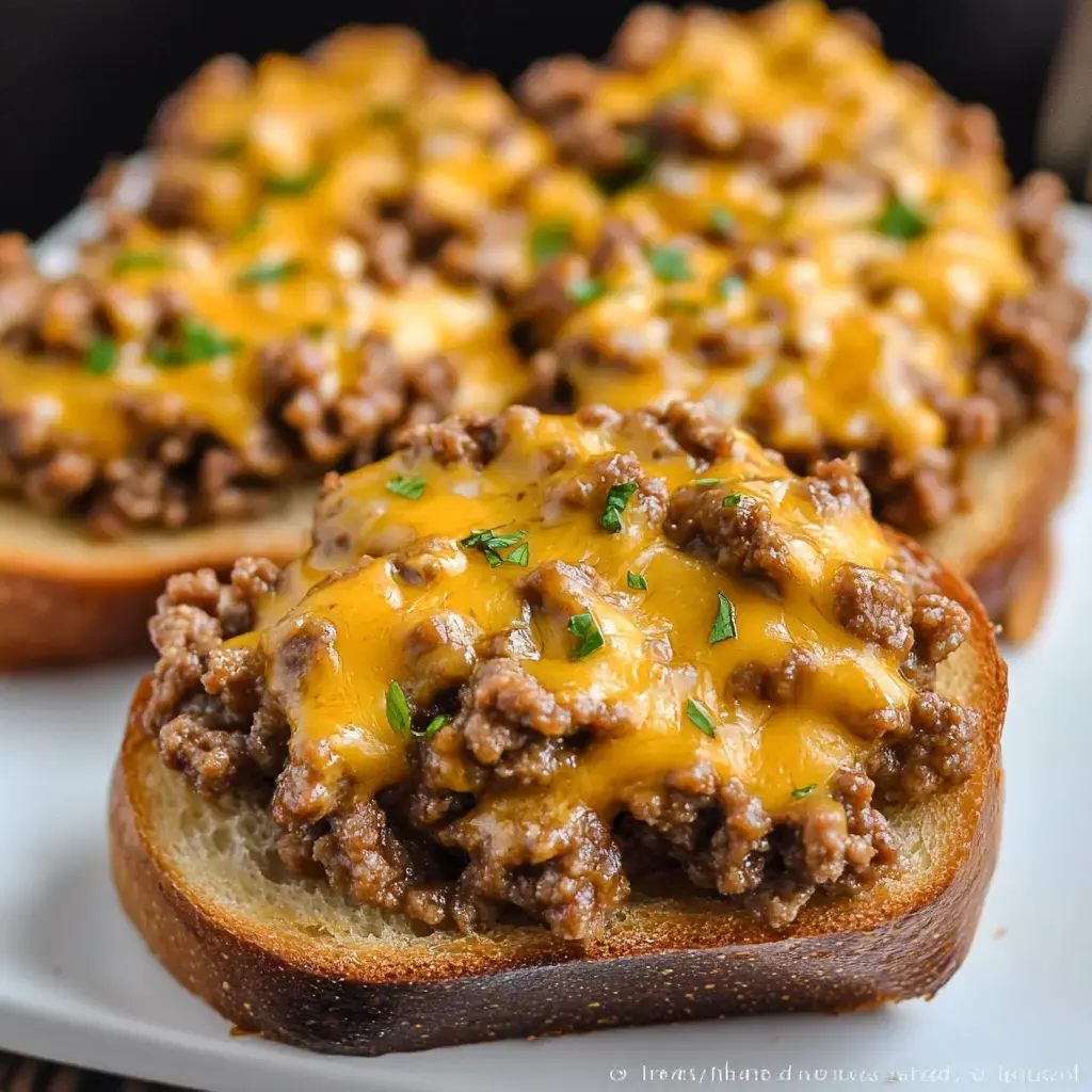 A close-up of toasted bread topped with seasoned ground beef and melted cheddar cheese, garnished with small pieces of green herbs.