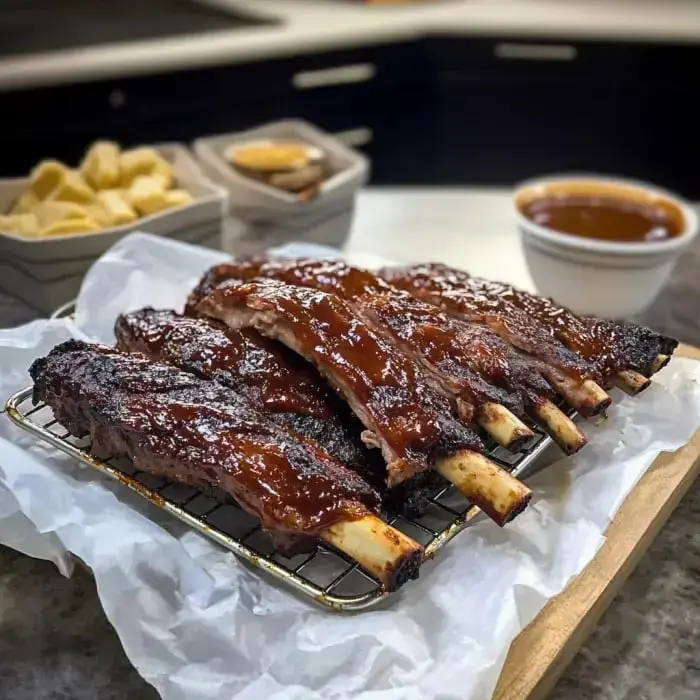 A rack of barbecue ribs coated in sauce sits on a wire rack surrounded by dipping sauce and a bowl of potato chips.