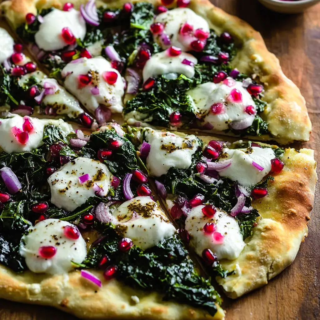 A close-up view of a sliced pizza topped with greens, dollops of mozzarella, pomegranate seeds, and red onions on a wooden surface.