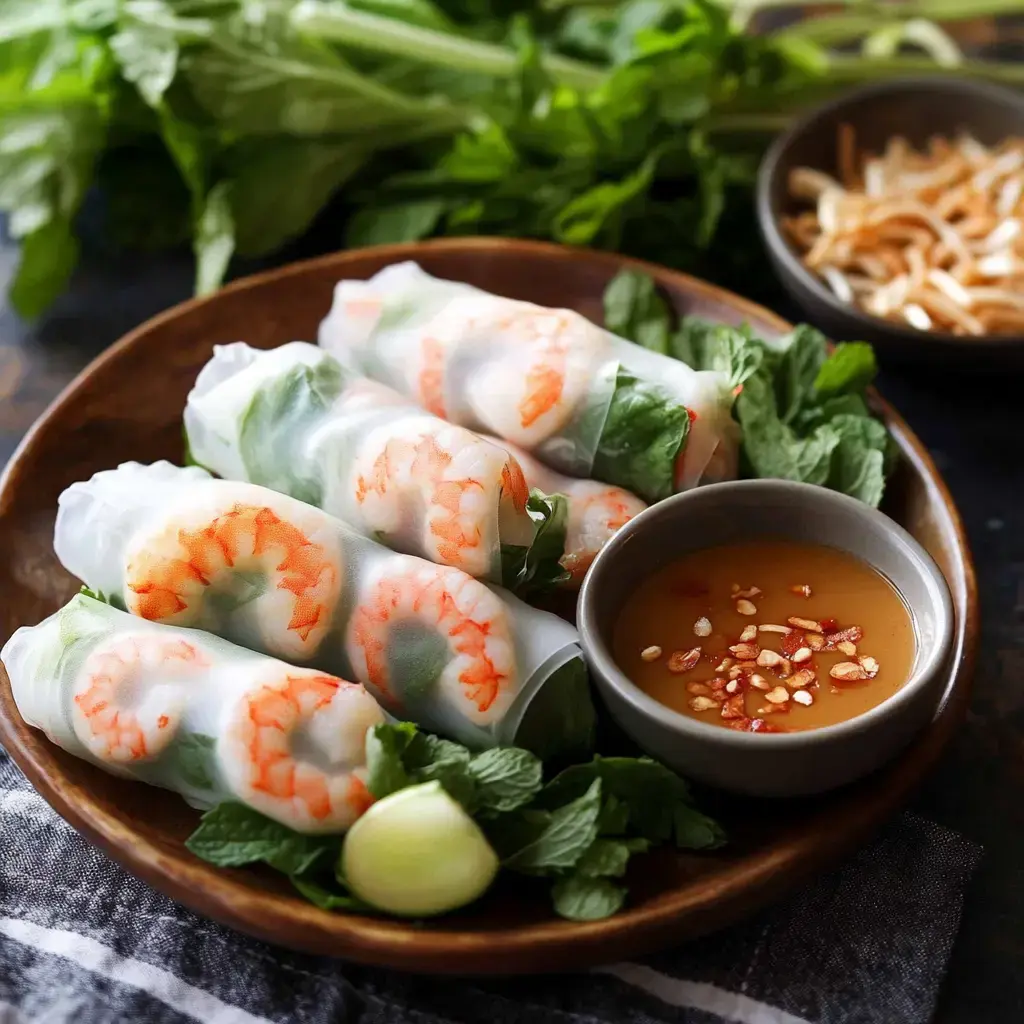 A plate of fresh spring rolls filled with shrimp and herbs, accompanied by a bowl of dipping sauce and garnished with mint leaves.