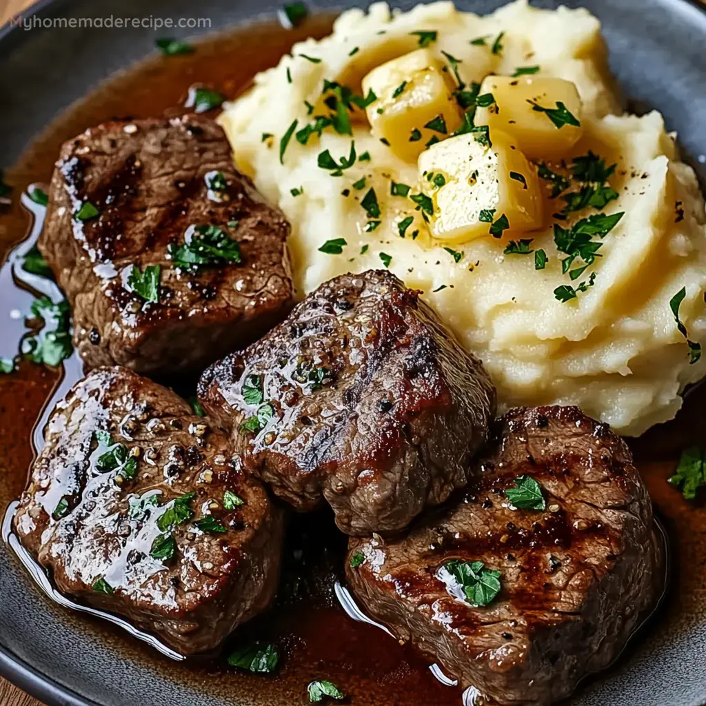 Garlic Butter Steak Bites and Mash