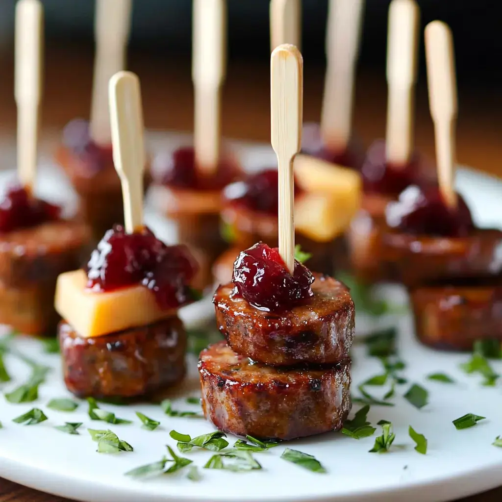 A plate of stacked sausage bites topped with cranberry sauce and wooden skewers, garnished with fresh herbs.