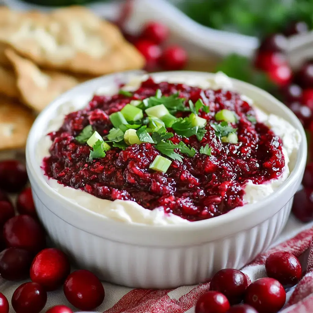 A white bowl filled with a cranberry mixture topped with green onions and cilantro, surrounded by fresh cranberries and pita chips.