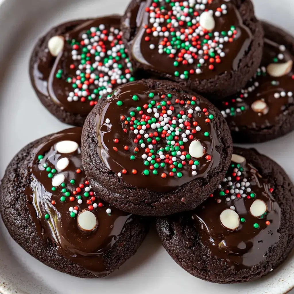 A plate of chocolate cookies topped with shiny chocolate frosting and colorful sprinkles in red, green, and white.