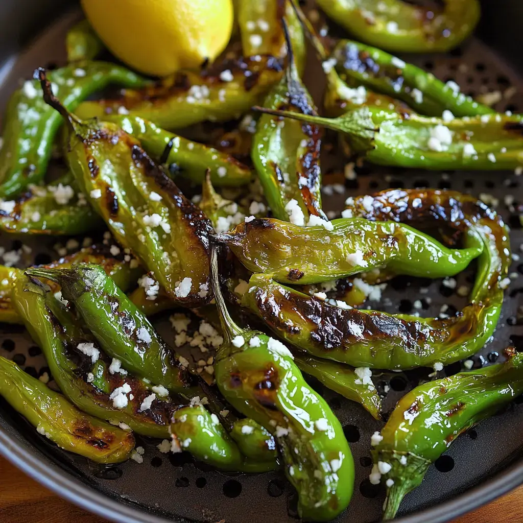 Grilled green peppers are sprinkled with crumbled cheese and accompanied by a lemon wedge.