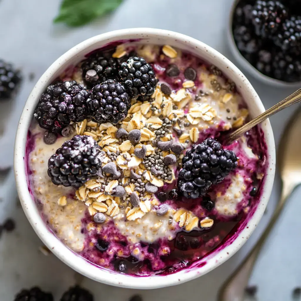 A bowl of oatmeal topped with blackberries, oats, chia seeds, and chocolate chips, with a spoon ready to serve.