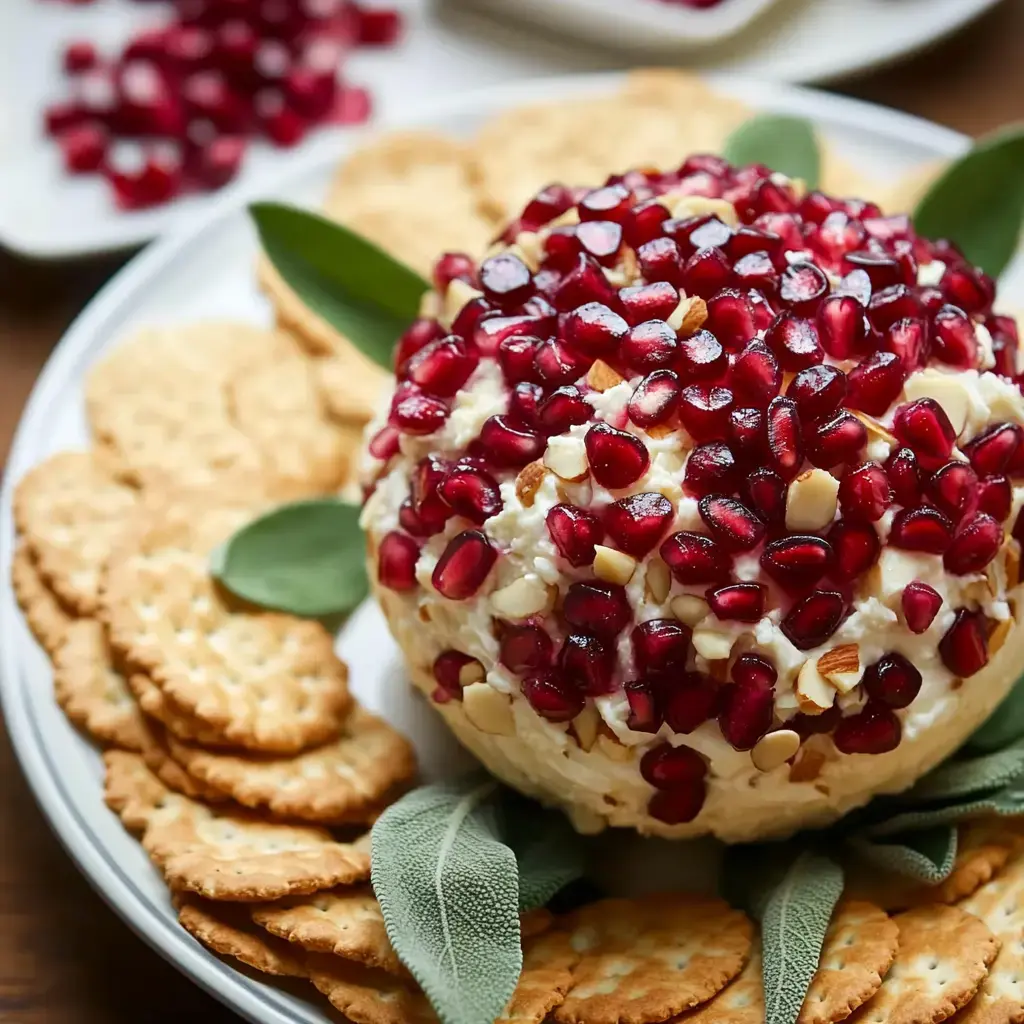 A cheese ball coated with pomegranate seeds and chopped almonds, surrounded by crackers and garnished with green leaves, is displayed on a plate.