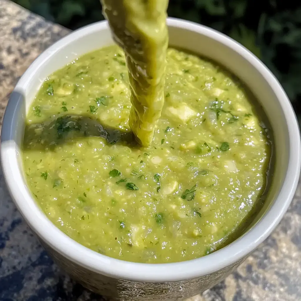 A close-up of a bowl filled with vibrant green puree, likely a sauce or dip, with a spoon drizzling more of the mixture into it.