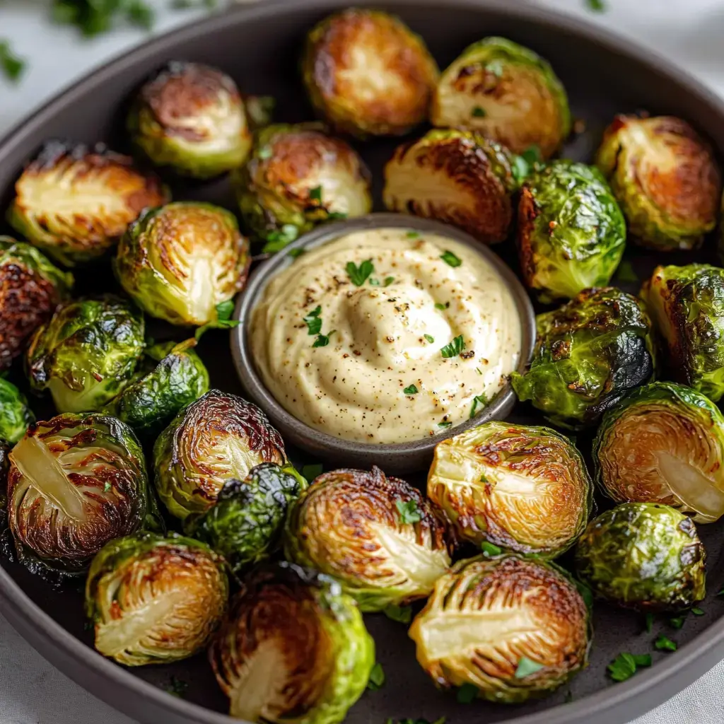 A platter of roasted Brussels sprouts arranged around a small bowl of creamy dipping sauce.