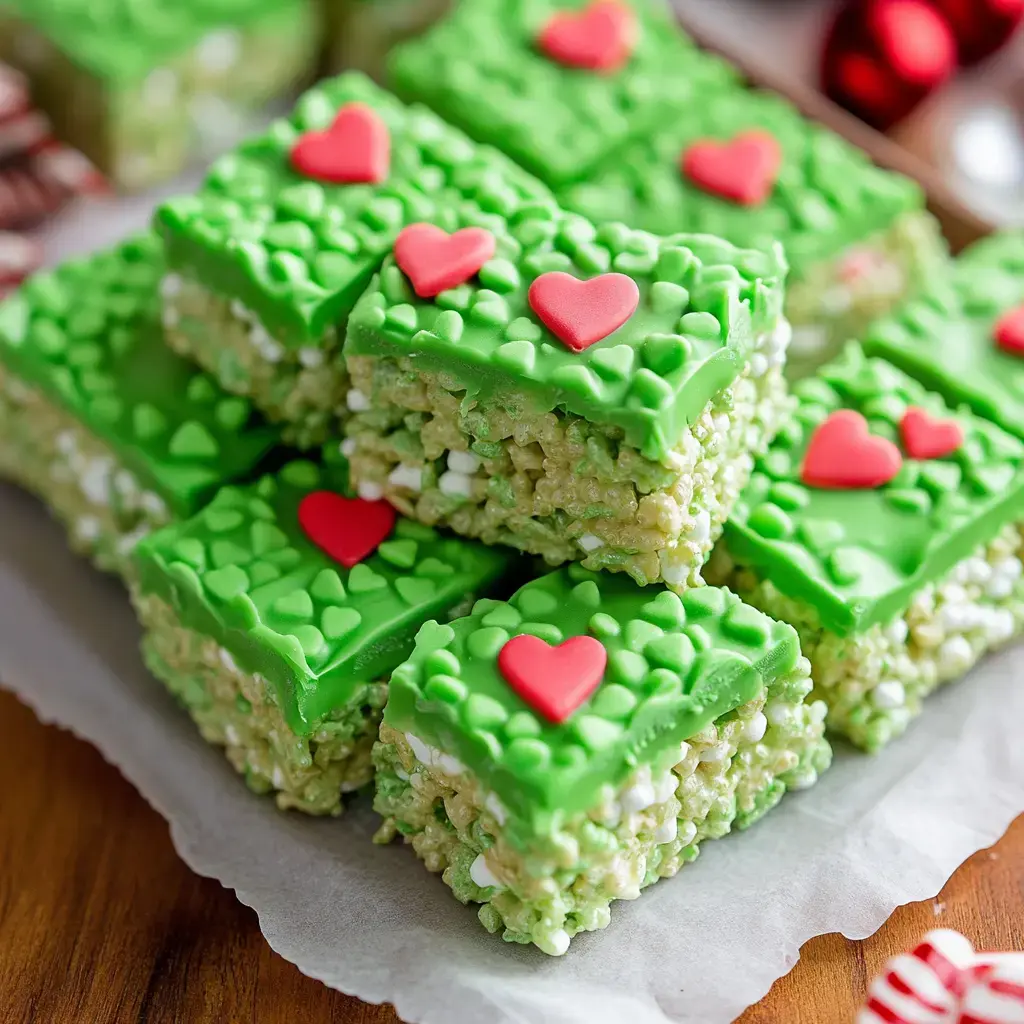 A close-up of festive green rice crispy treats decorated with red heart-shaped candies on top.