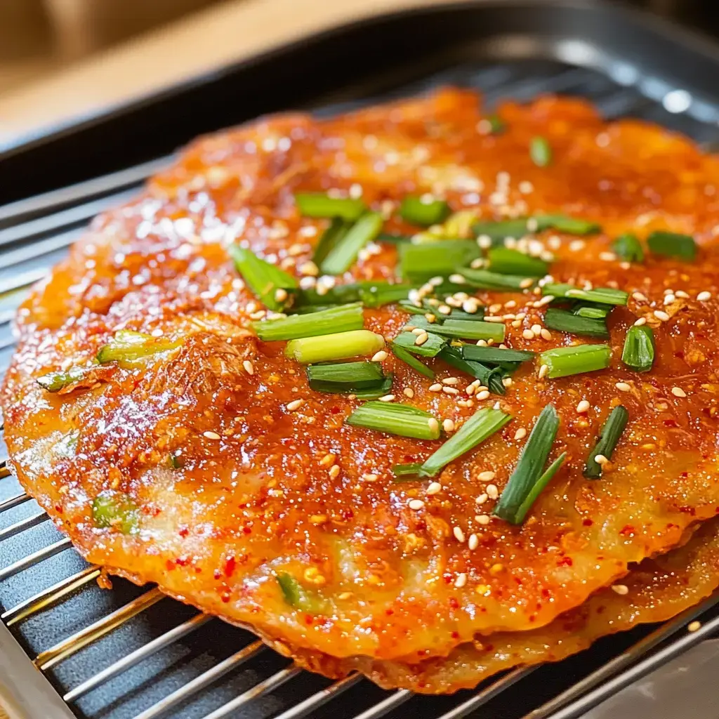 A golden-brown savory pancake topped with chopped green onions and sesame seeds, cooking on a grill.