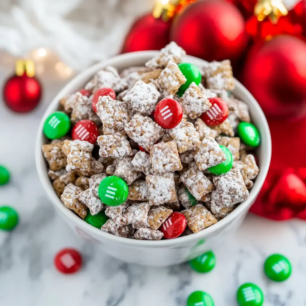 A bowl of holiday-themed snack mix featuring chocolate pieces in red and green, surrounded by festive decorations.