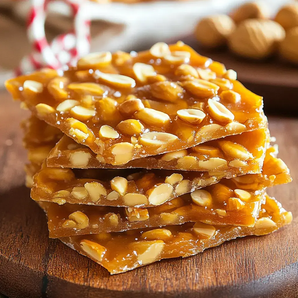 A stack of brittle candy with peanuts is placed on a wooden surface.