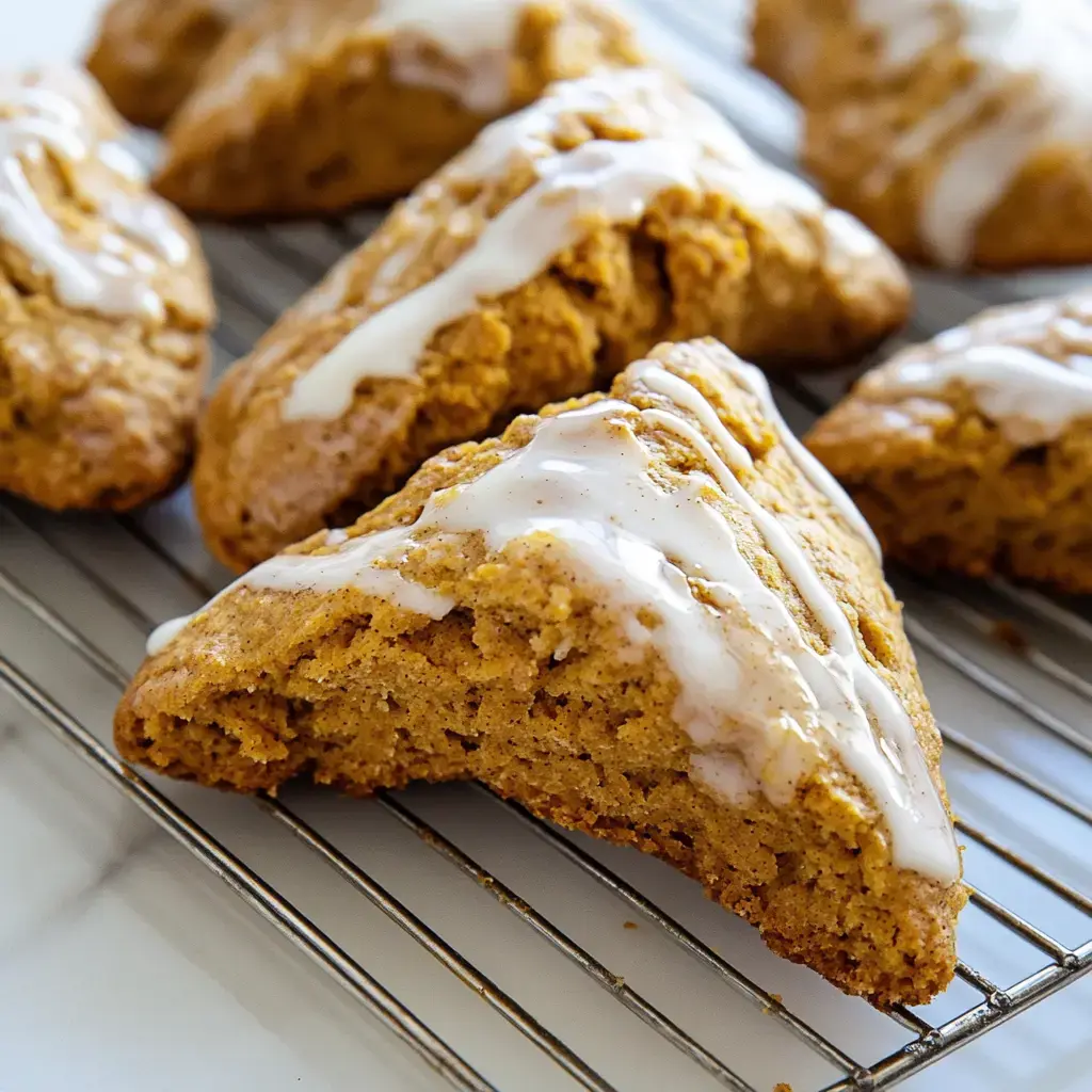 A close-up of freshly baked scones drizzled with icing on a cooling rack.