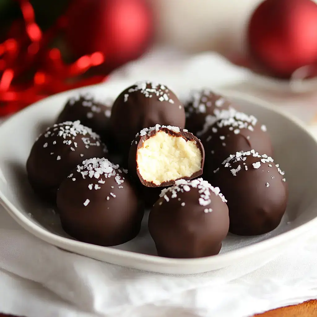 A plate of chocolate-covered desserts with a bite taken out of one, revealing a creamy filling and topped with coarse salt, set against a festive backdrop.