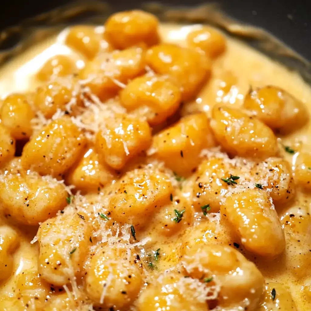 A close-up of buttery gnocchi topped with grated cheese and herbs in a creamy sauce.